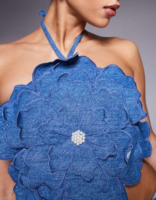 ASOS LUXE denim 3D flower top with pearl embellishment in