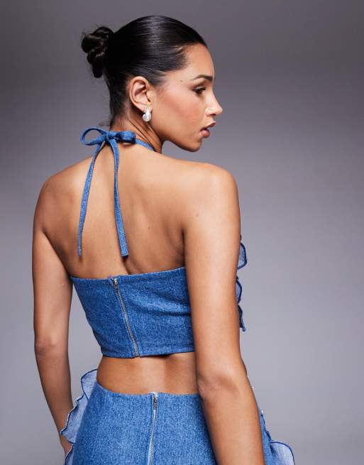 ASOS LUXE denim 3D flower top with pearl embellishment in