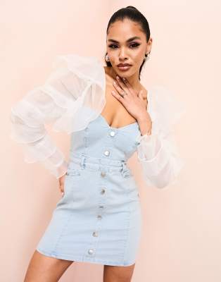 ASOS LUXE denim bandeau mini dress with organza sheer tiered