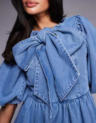 Asos Luxe Denim Bubble Hem Mini Dress With Pussy Bow