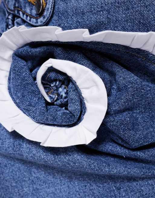ASOS LUXE denim corsage mini skirt with poplin trim in mid wash blue, 4 of 5