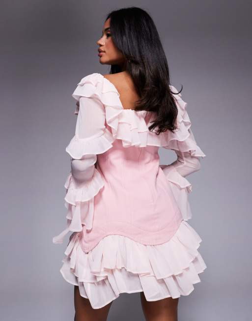 ASOS LUXE denim corset mini dress with chiffon sleeves and hem in black