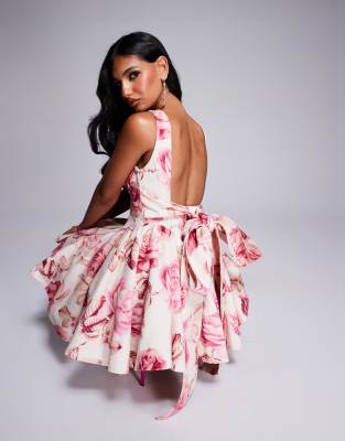 ASOS LUXE denim corseted printed skater mini dress with bow back in pink floral-Multi