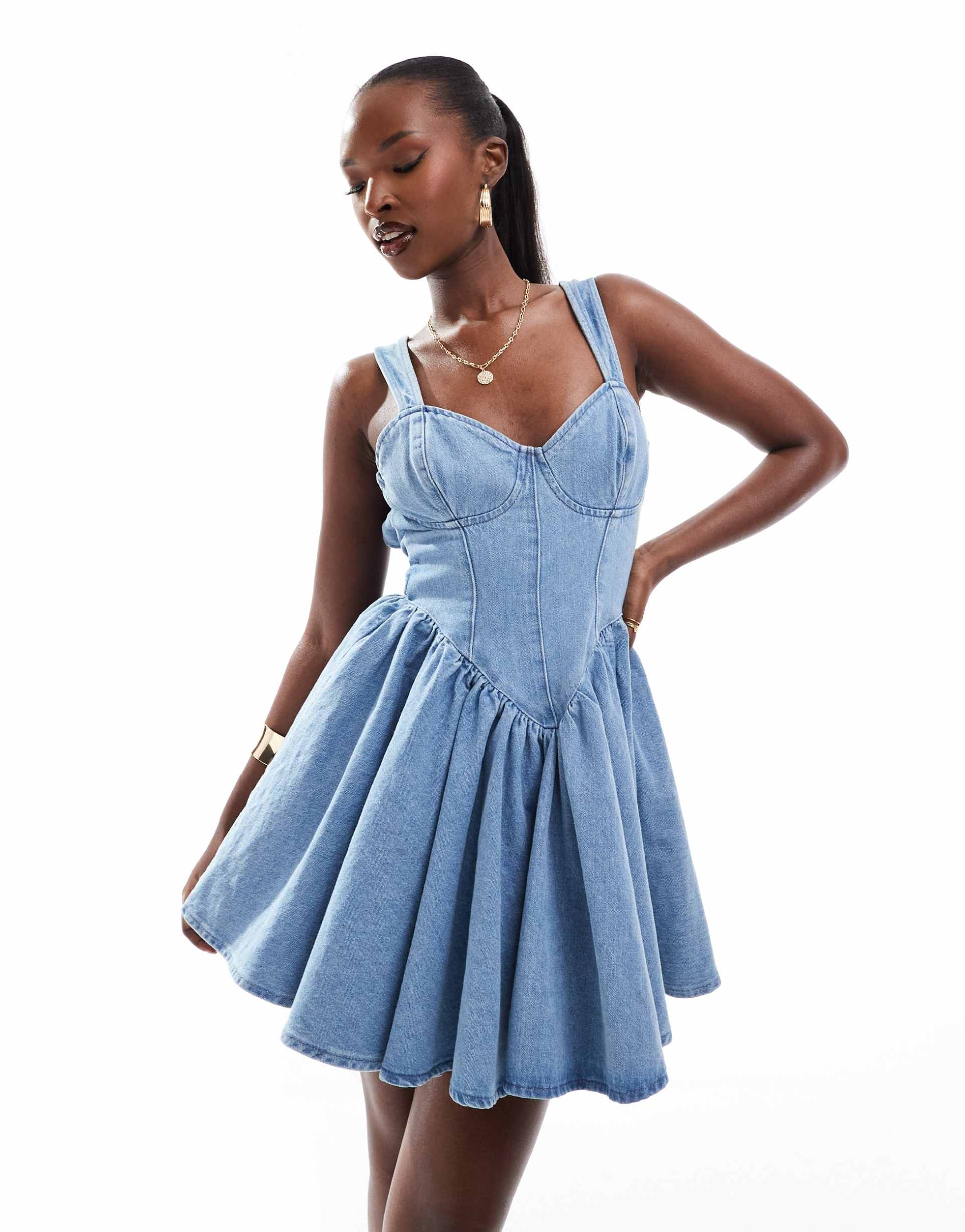 asos luxe denim corseted skater mini dress with bow back in mid wash blue