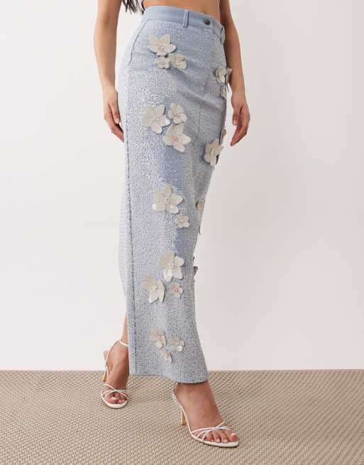 ASOS LUXE denim embellished maxi skirt in light blue (Part of a set), 2 of 5