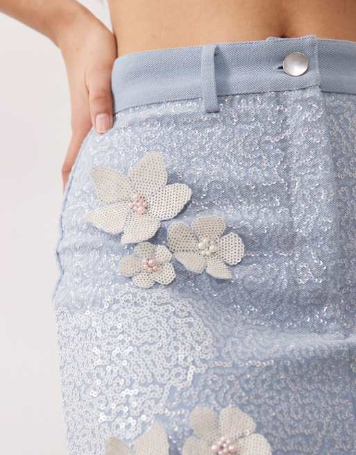 ASOS LUXE denim embellished maxi skirt in light blue (Part of a set), 5 of 5