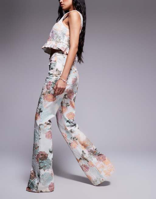 ASOS LUXE - Denim jeans met parelversiering in bloemenprint, deel van co-ord set, 2 van 5