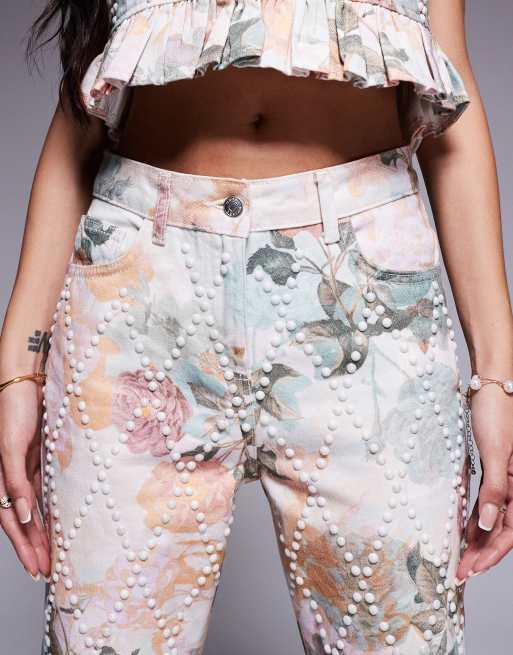 ASOS LUXE - Denim jeans met parelversiering in bloemenprint, deel van co-ord set, 5 van 5