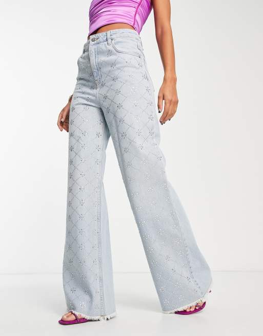 ASOS LUXE - Denim jeans versierd met diamanten ruitpatroon in blauw, 4 van 4