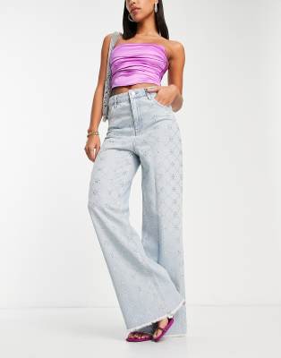 ASOS LUXE ASOS LUXE denim jeans with all over diamante grid in blue