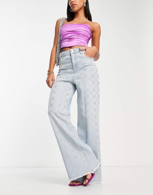 High Waisted All Over Rhinestone Wide Leg Jeans