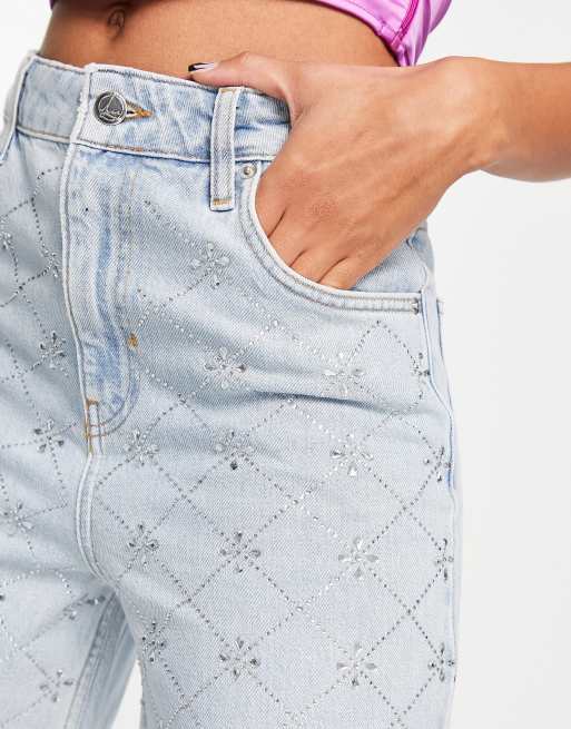 ASOS LUXE denim jeans with all over diamante grid in blue