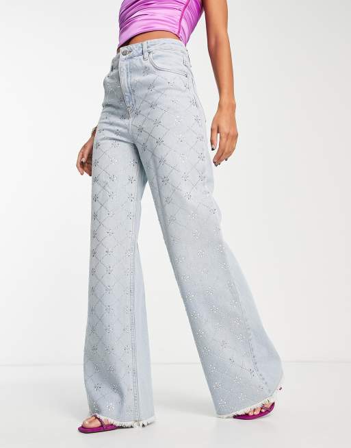 ASOS LUXE denim jeans with all over diamante grid in blue