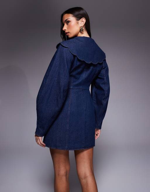 ASOS LUXE - Denim jurk met lange mouwen en oversized kraag in indigo, 4 van 4