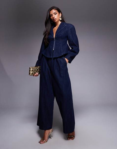 ASOS LUXE - Denim korsettop met rits voor in indigo, deel van co-ord set - view 1