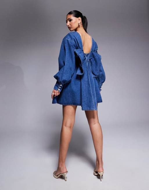 ASOS LUXE denim long sleeve baby doll mini dress with bow back in blue