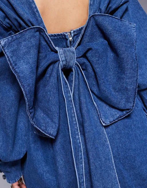ASOS LUXE denim long sleeve baby doll mini dress with bow back in blue