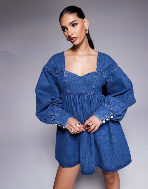 ASOS LUXE denim long sleeve baby doll mini dress with bow back in blue