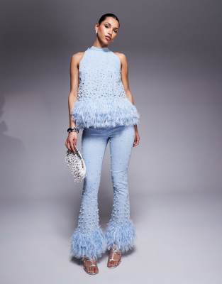 Asos Luxe Denim Pearl Embellished Bow Back Top With Faux Feather Hem In Blue