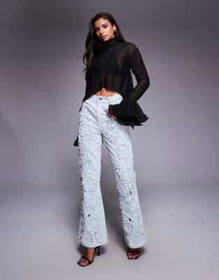 Asos Luxe Denim Pearl Embellished Cornellli Jeans With Organza Flowers In Blue