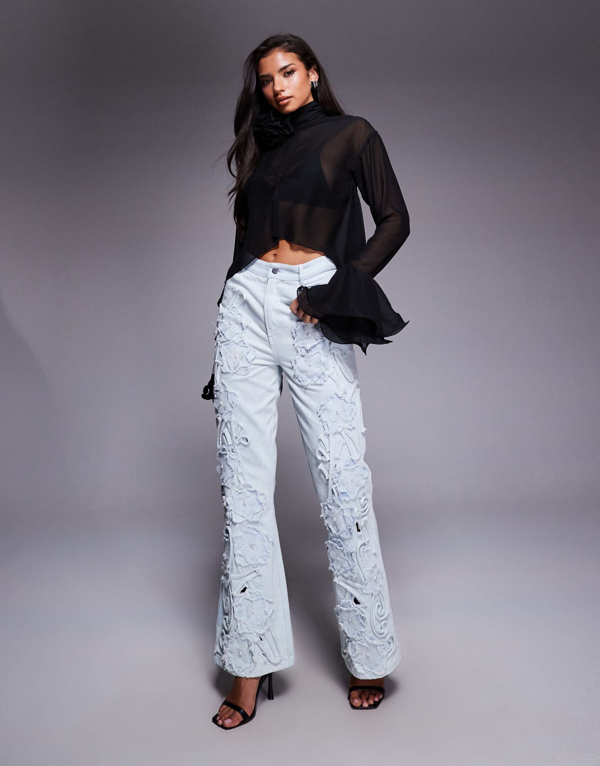 asos luxe denim pearl embellished cornellli jeans with organza flowers in blue