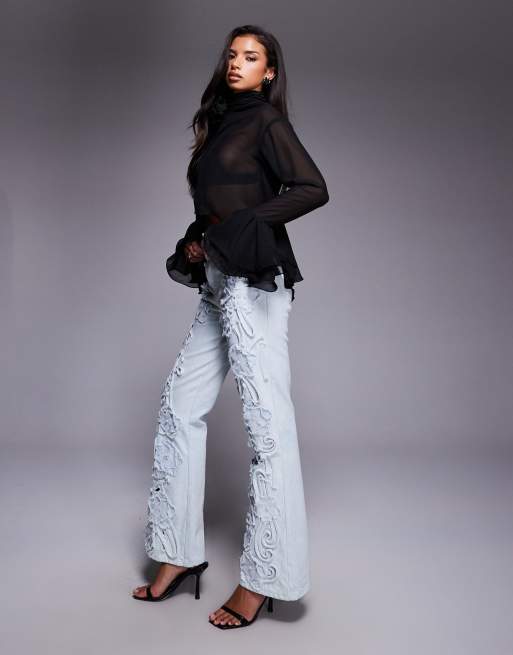 ASOS LUXE denim pearl embellished cornellli jeans with organza flowers in blue, 3 of 5