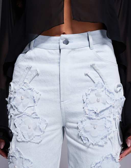 ASOS LUXE denim pearl embellished cornellli jeans with organza flowers in blue, 4 of 5