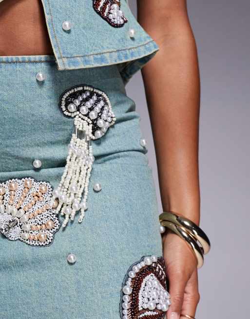 ASOS LUXE denim pearl embellished seascape mini skirt - part of a set