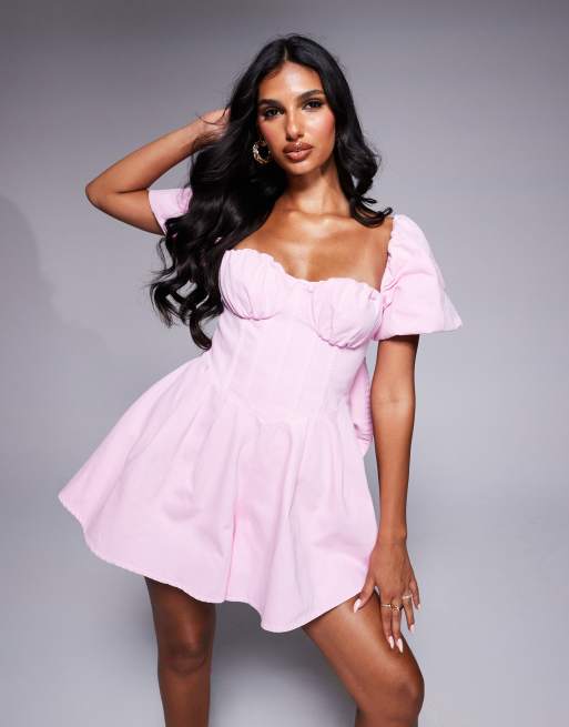 ASOS LUXE - Denim playsuit met korset en pofmouwen in pastelroze