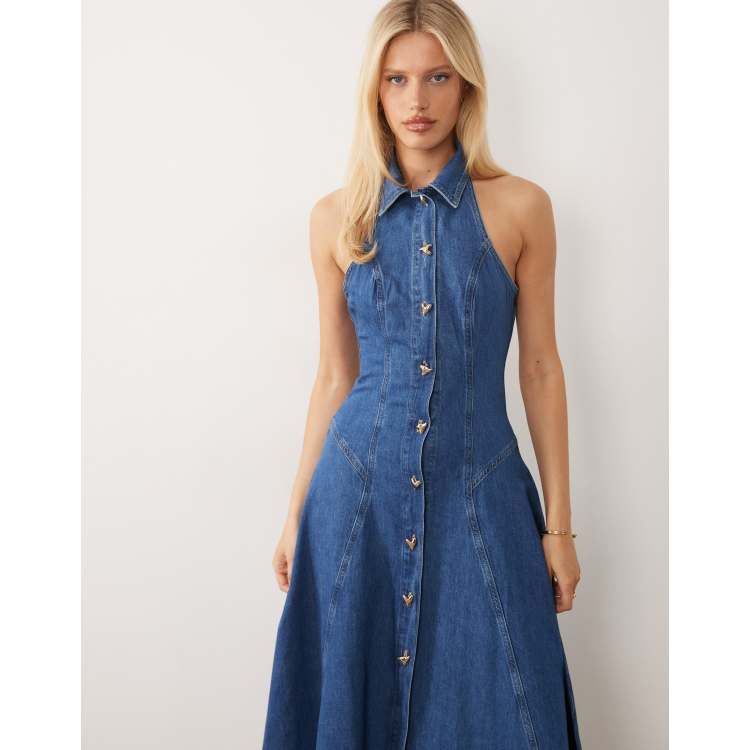 ASOS LUXE denim pleated midi dress with heart buttons in mid wash blue |  ASOS