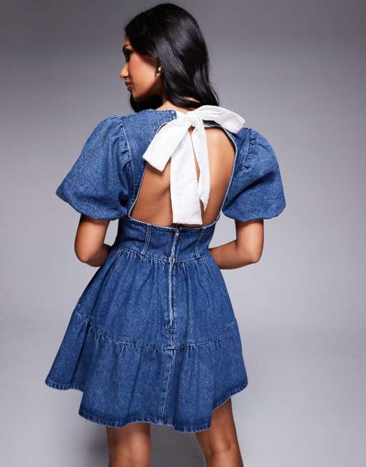 ASOS LUXE denim puff sleeve corsetted mini skater dress in blue dark wash ASOS