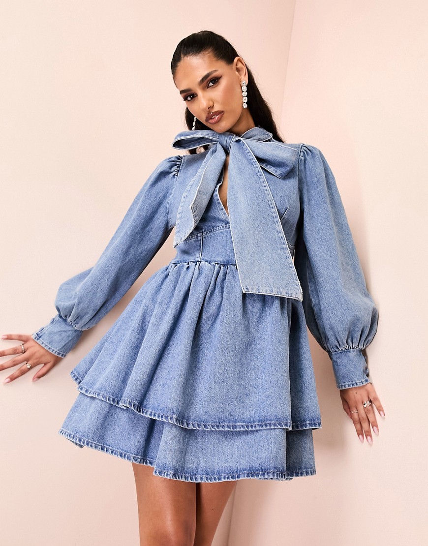 ASOS LUXE denim pussy bow skater mini dress in mid wash blue