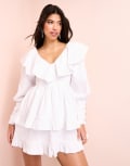 [ASOS LUXE] ASOS LUXE denim ruffle plunge tiered mini dress with diamante buttons in white 4 WHITE