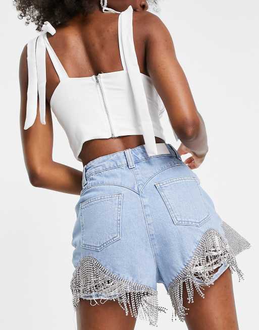 ASOS LUXE - Denim short met scheuren en afwerking met siersteentjes in blauw, 2 van 4