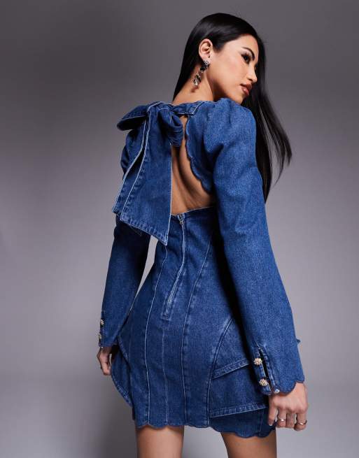 ASOS LUXE denim structured mini dress with scallop detail and back bow in blue