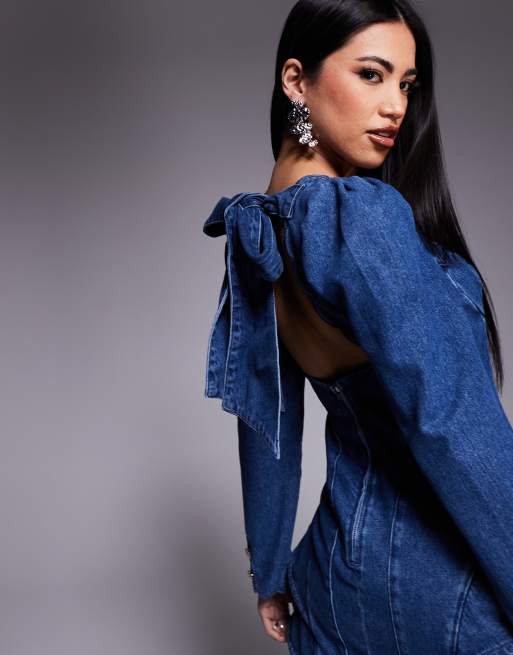 ASOS LUXE denim structured mini dress with scallop detail and back bow in blue