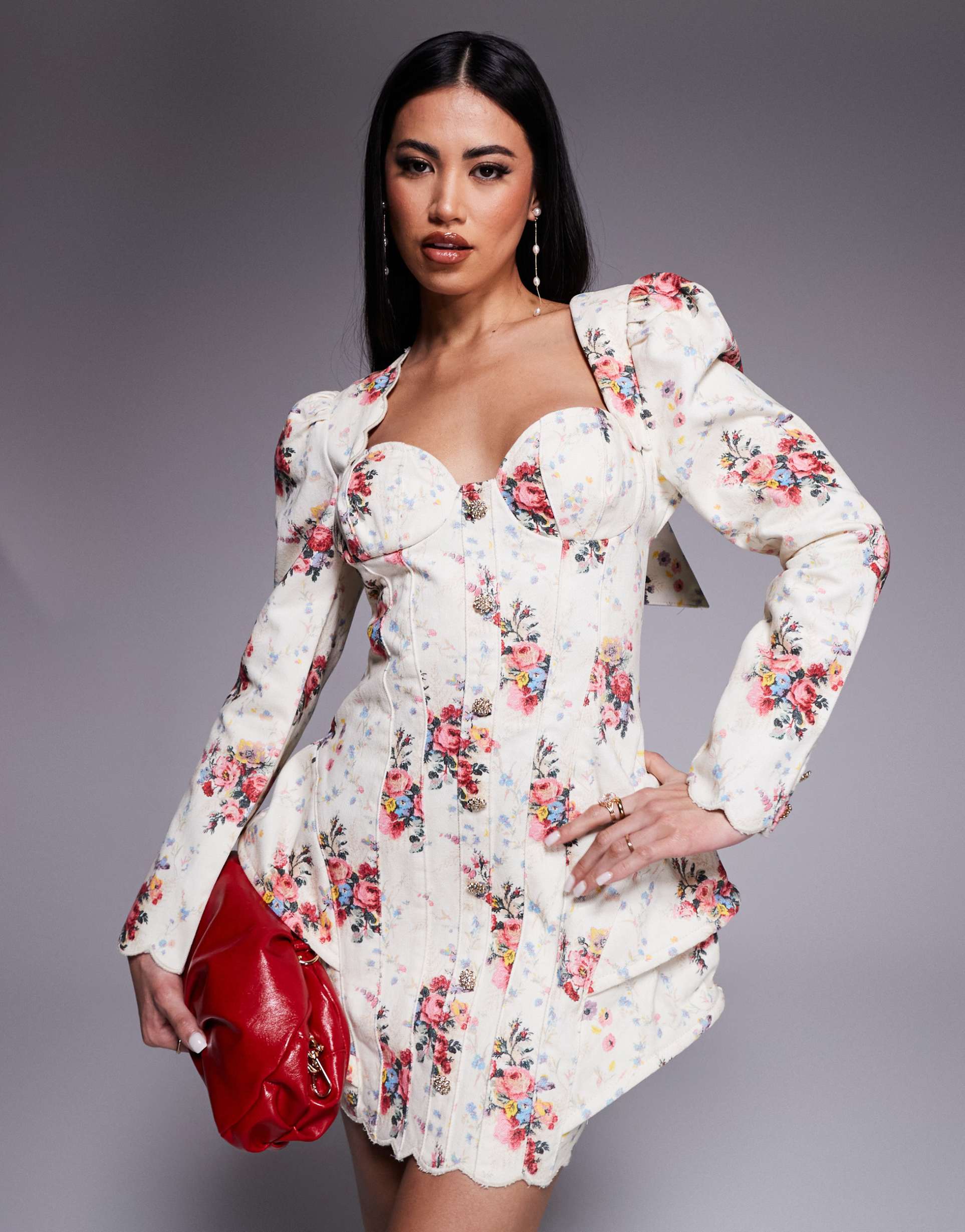 asos luxe denim structured mini dress with scallop detail and back bow in delicate floral