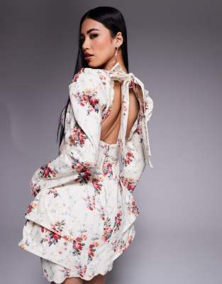 Asos Luxe Denim Structured Mini Dress With Scallop Detail And Back Bow In Multi