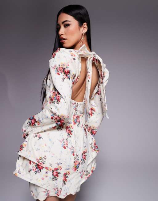 ASOS LUXE denim structured mini dress with scallop detail and back bow in delicate floral