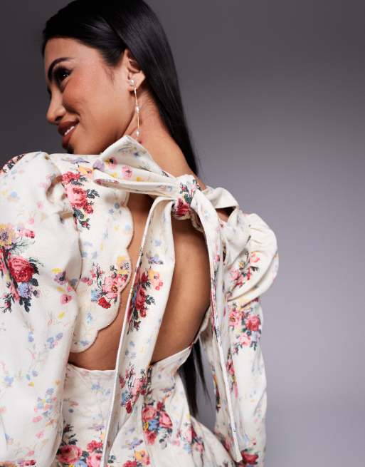 ASOS LUXE denim structured mini dress with scallop detail and back bow in delicate floral