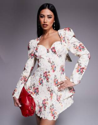 Asos Luxe Denim Structured Mini Dress With Scallop Detail And Back Bow In Multi