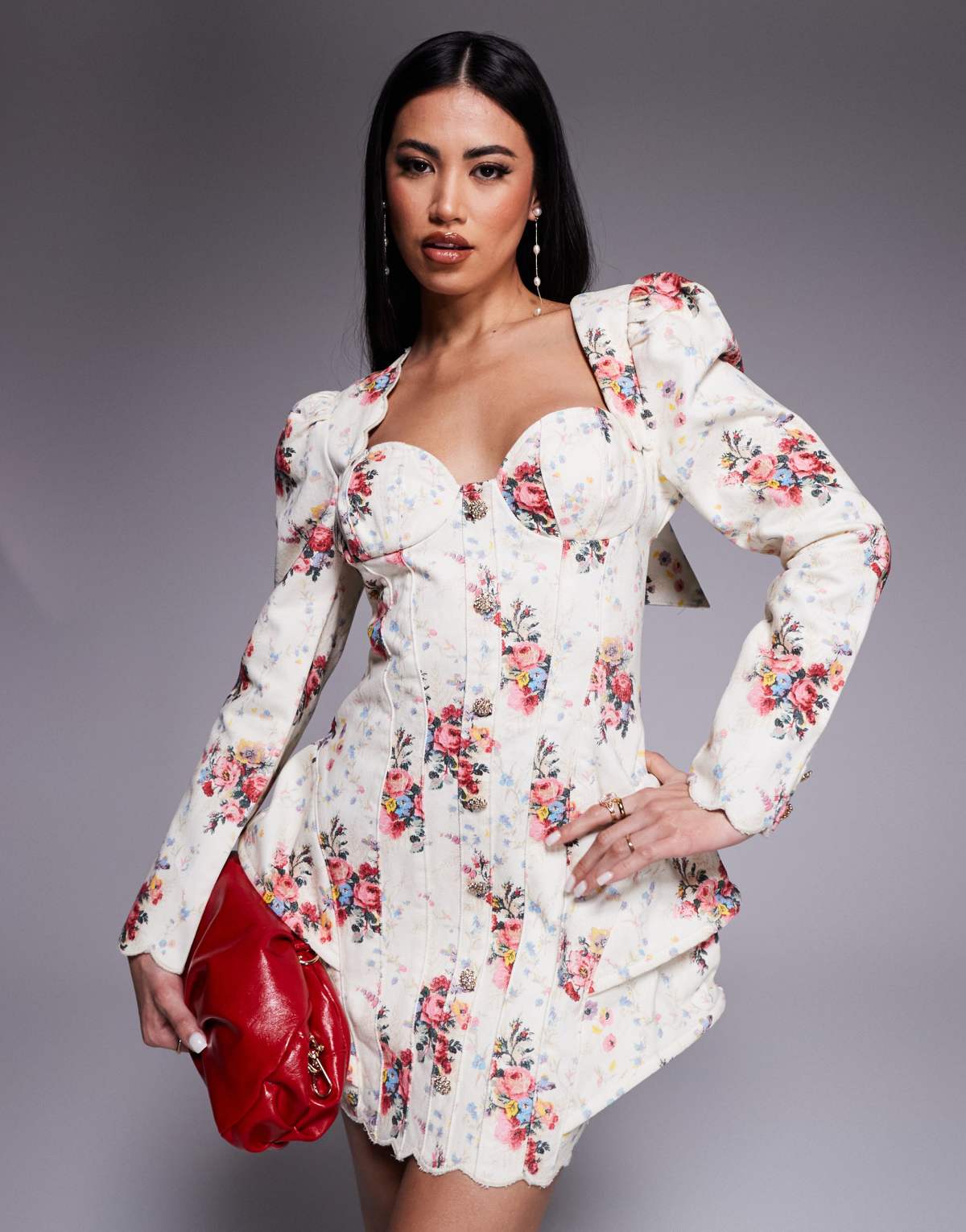 ASOS LUXE denim structured mini dress with scallop detail in ditsy floral