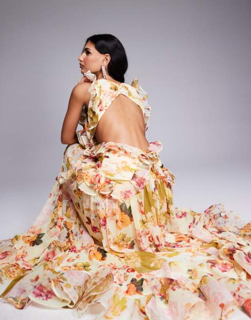 ASOS LUXE - Diepuitgesneden maxi jurk van gerimpeld chiffon met open achterkant en bloemenpatchwork in roze, 2 van 4