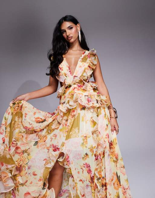 ASOS LUXE - Diepuitgesneden maxi jurk van gerimpeld chiffon met open achterkant en bloemenpatchwork in roze, 3 van 4