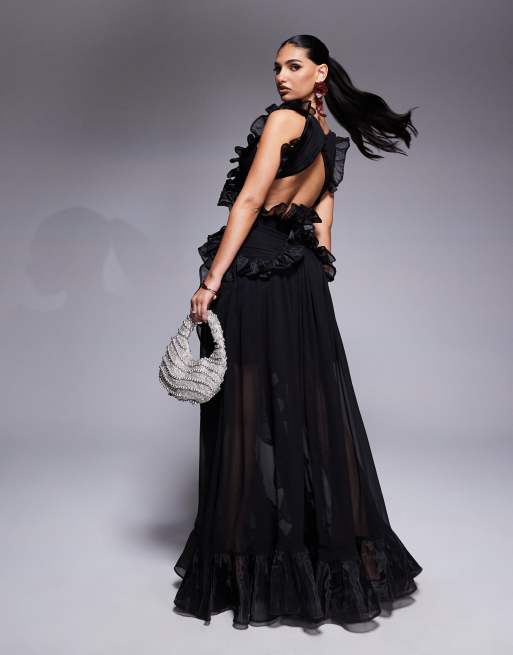 ASOS LUXE Diepuitgesneden maxi jurk van gerimpeld chiffon met