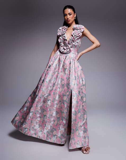 ASOS LUXE - Diepuitgesneden maxi jurk van jacquard met corsages en verlaagde taille in fijne bloemenprint - view 1