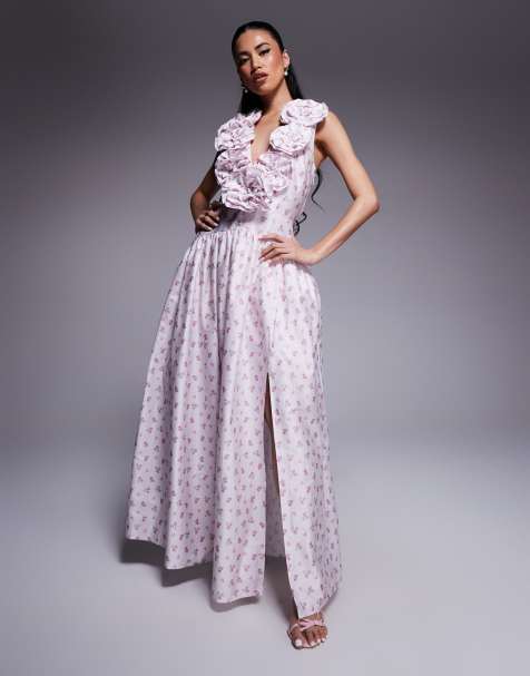 ASOS LUXE - Diepuitgesneden maxi jurk van katoenen satinet met verlaagde taille en corsages in fijne bloemenprint - view 1