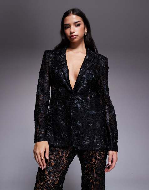 ASOS LUXE lace tailored blazer co-ord in black
