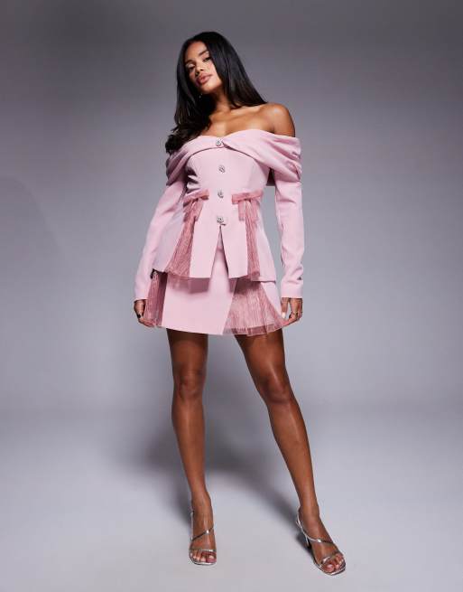 ASOS Luxe – Dopasowana spódnica mini ze wstawkami z organzy w zgaszonym różowym kolorze, część zestawu