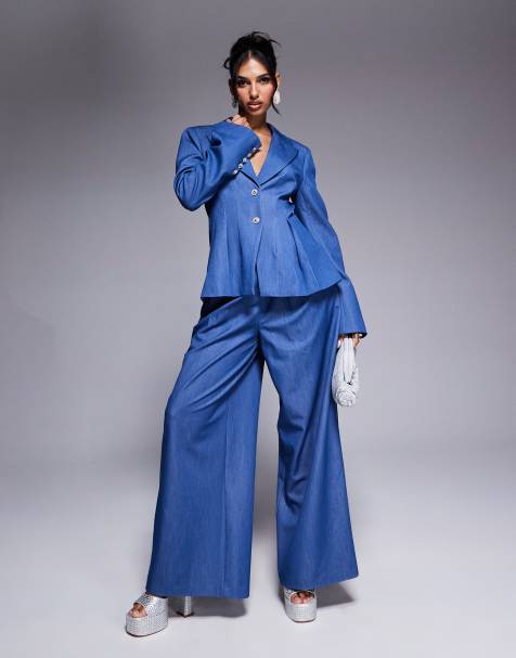 ASOS Luxe – Dopasowane niebieskie spodnie z szerokimi nogawkami z tkaniny chambray, część zestawu - view 1